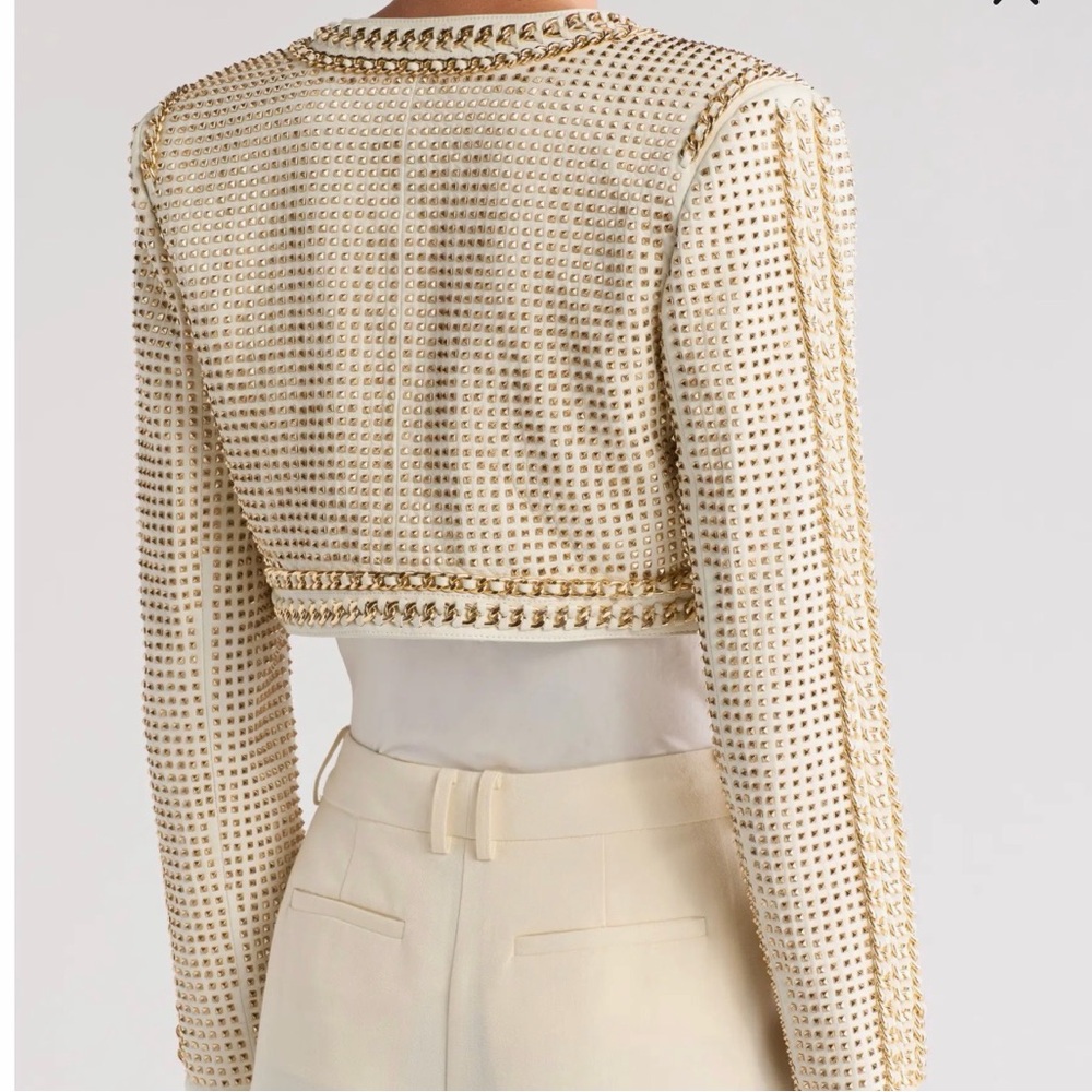Alice + Olivia MAIRA Cropped Leather Jacket with Chain Trim - Picture 5 of 10